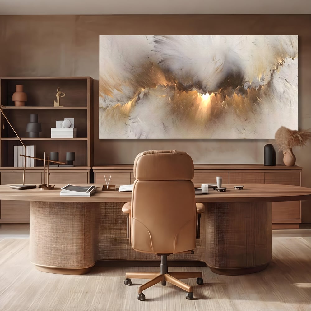 Tablou canvas cu tablou canvas cu peisaj abstract luminos, fara rama, pe sasiu de lemn, pe perete intr-un birou